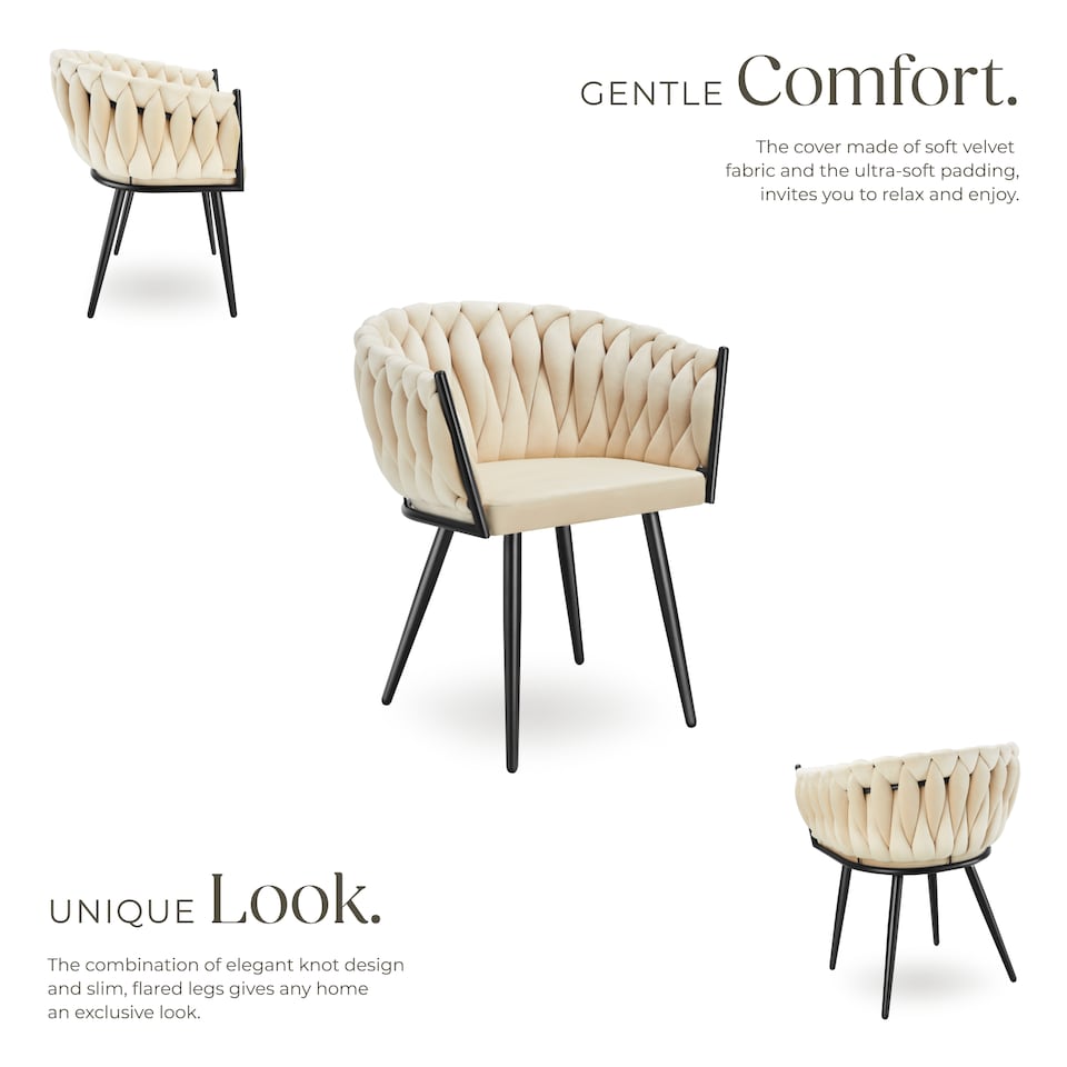 image 1 of Dining Chair Astano - padded, velvet, knot design, continuous backrest | Cream | sand | 2
