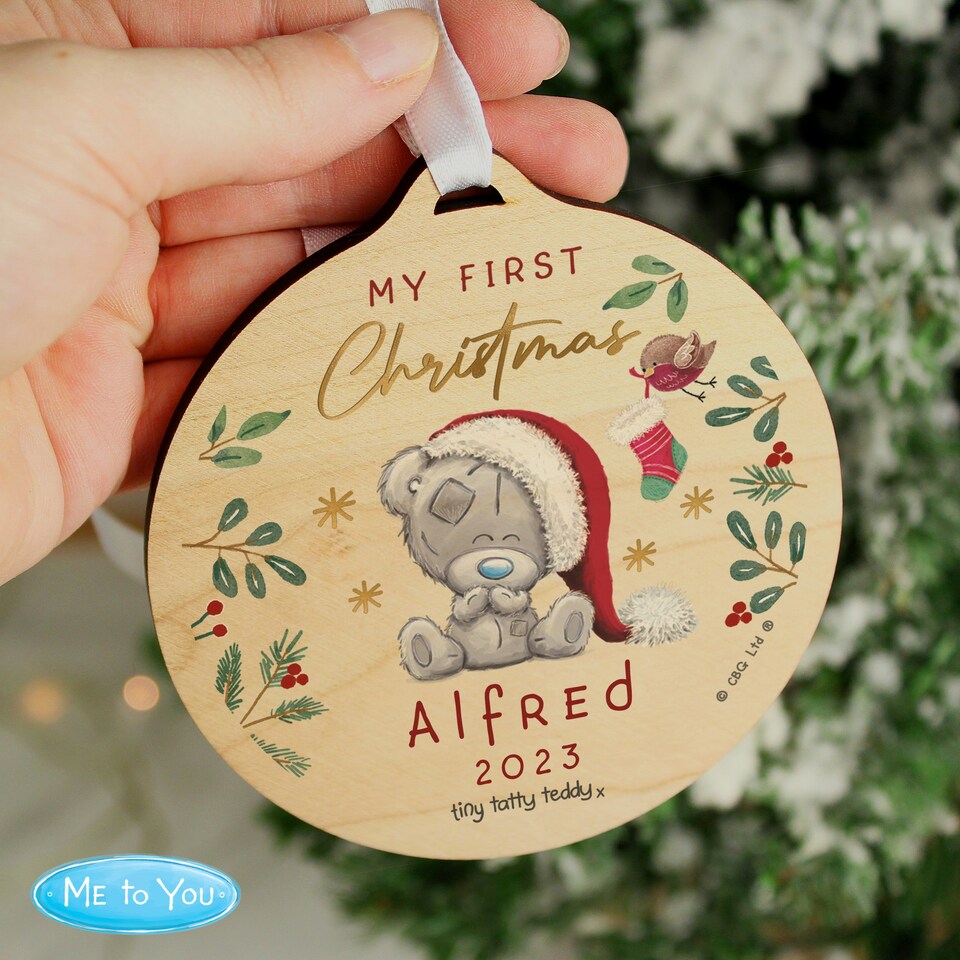 image 1 of Personalised First Christmas Tiny Tatty Teddy Round Wooden Decoration