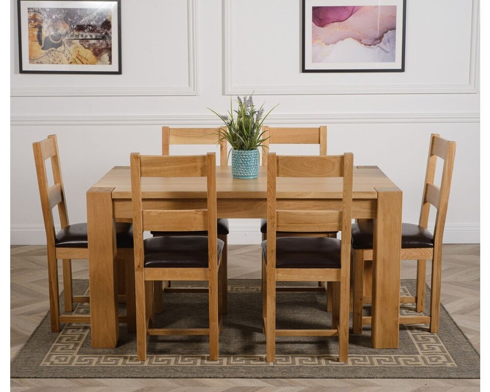 image 1 of Kuba 150 x 85 cm Chunky Medium Oak Dining Table and 6 Lincoln Chairs | Brown | Brown