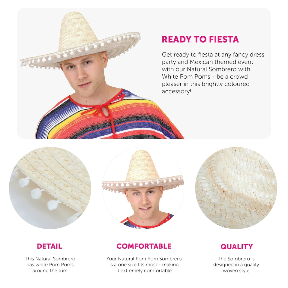 image 1 of Orange Mexican Sombrero – Fancy Dress Hat with Pom-Pom Trim N/A | 1