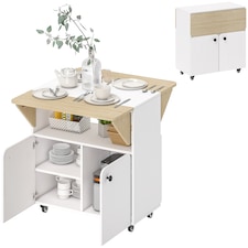 HOMCOM Folding Dining Table, Rolling Drop Leaf Table with Hidden Shelf | White | White and Natural Wood | 70W x 83D x 75H cm