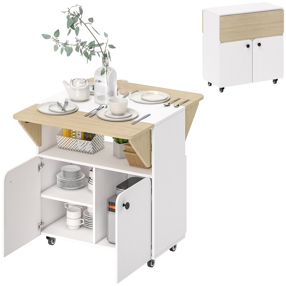 image 1 of HOMCOM Folding Dining Table, Rolling Drop Leaf Table with Hidden Shelf | White | White and Natural Wood | 70W x 83D x 75H cm