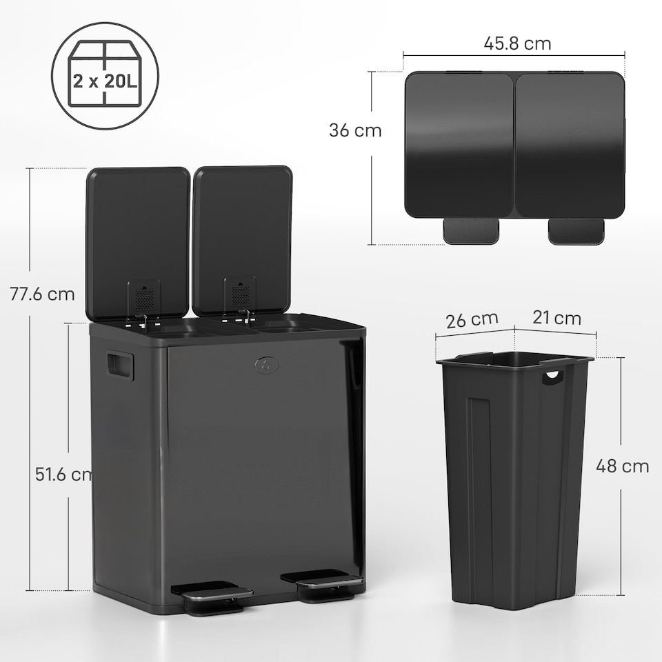 image 1 of HOMCOM 2 x 20L Dual Rubbish Bin Kitchen Bin for Recycling and Waste, Black | Black