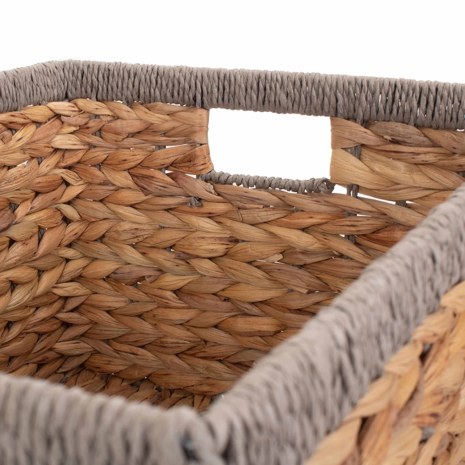 image 1 of Large Water Hyacinth With Grey Rope Border Rectangular Storage Basket | Brown | Brown