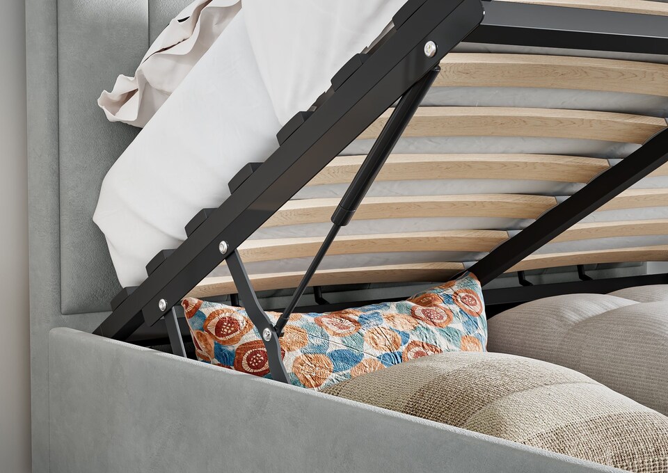 image 1 of 4ft6 Double Ottoman, Grey Velvet Fabric Upholstered,Lift Up,Storage, Pleated Bed Frame