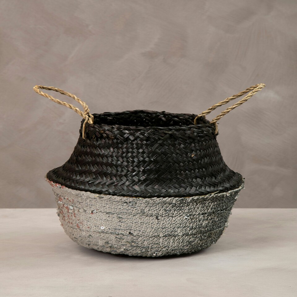 image 1 of Interiors By Premier Black & Silver Seagrass Storage Basket, Decorative Organizer With Handles, Small Seagrass Storage Basket Silver