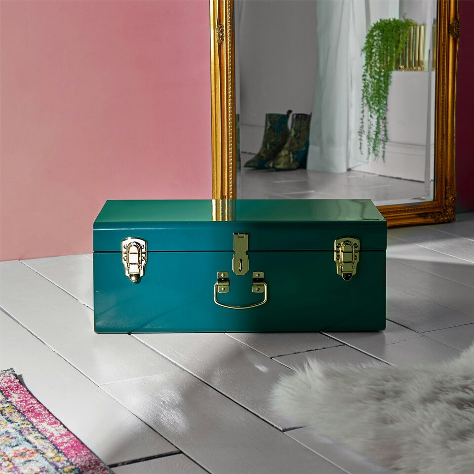 image 1 of BTFY Teal Stainless Steel Storage Trunk with Gold Hardware