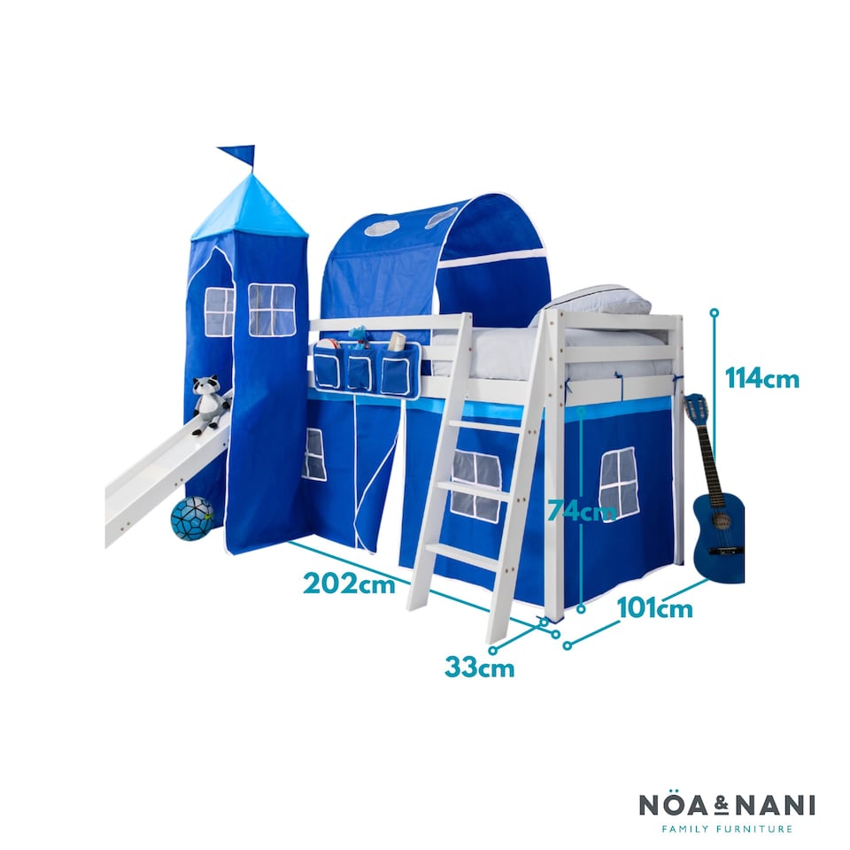 image 1 of Moro Cabin Bed with Slide and Brilliant Blue Cotton Tent, Tower & Tunnel in White