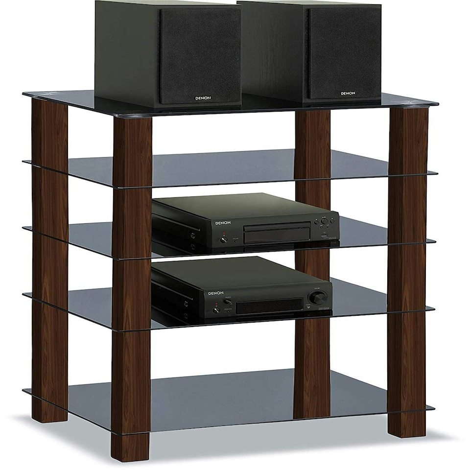 image 1 of Centurion Supports TRINITY Gloss Black 5 Shelf with Walnut Legs Flat Screen TV Rack Glass Stand | Multi | 1