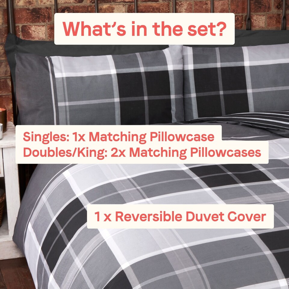 image 1 of Argyle Design Tartan Polycotton Duvet Set With Pillowcase | Grey | 1