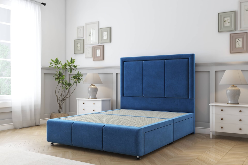 image 1 of Sloomy Lancaster Navy Plush Divan Bed Base 4 Drawers With 26 Inch Strutted Headboard & 12 Inch Matching Footboard | Blue | Navy | King | 1