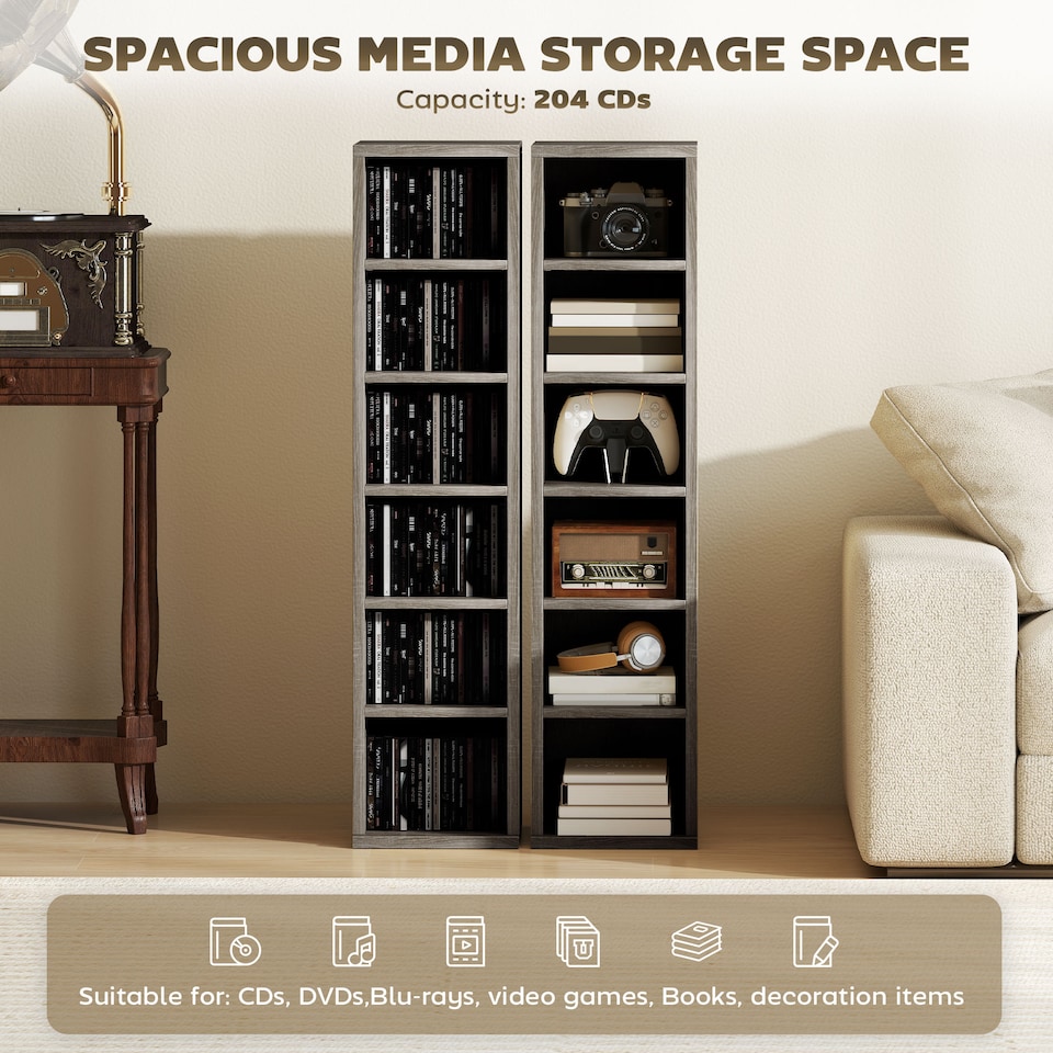 image 1 of HOMCOM Set of 2 CD Storage Units DVD Shelf with Adjustable Shelves | Grey | Distressed Grey | 21W x 22.5D x 88.5H cm