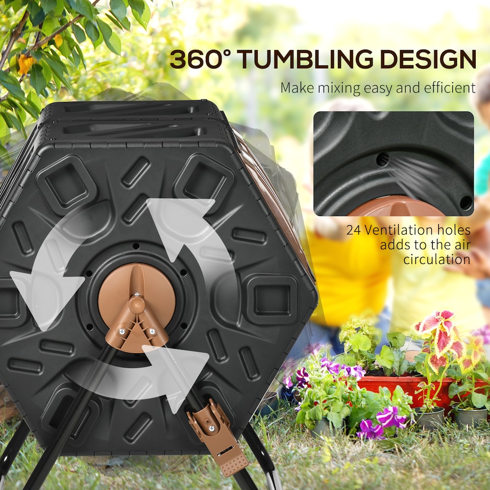 image 1 of Outsunny 130L Compost Bin Dual Chamber Rotating Composter w/ Ventilation Holes | Brown | Dark Brown and Black