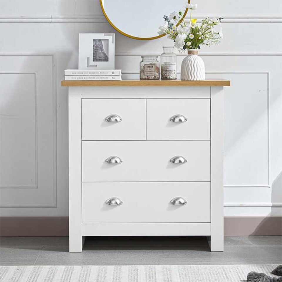 image 1 of 4-Drawer Chest for Bedroom Light Wood Top White Dresser Storage Cabinet