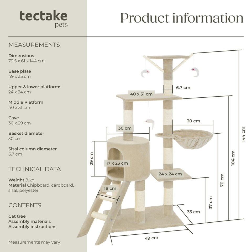 image 1 of Cat Tree Dominik - 144 cm, sisal cat scratching post, mice & anti-tip protection - Beige