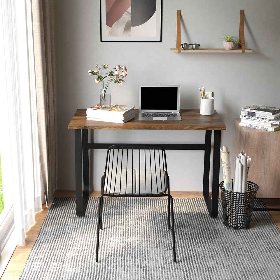 image 1 of HOMCOM Computer Table, Writing Desk with Steel Frame and Wood Top, Industrial Home Study Table, 115 x 58 x 74.5cm, Rustic Brown and Black