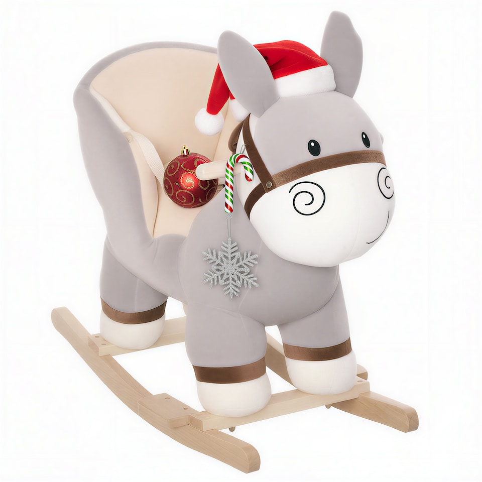 image 1 of HOMCOM Kids Rocking Horse, Children Plush Ride On Donkey Animal Rocker with Sound, Wood Base Seat, Safety Belt, Baby Toy Rocker for Toddler 18 - 36 Months, Grey