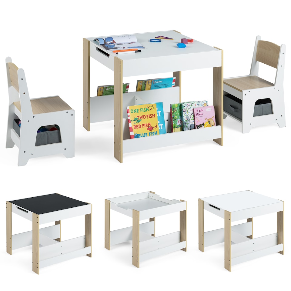 COSTWAY Kids Table and Chairs Set Toddler Wooden Natural