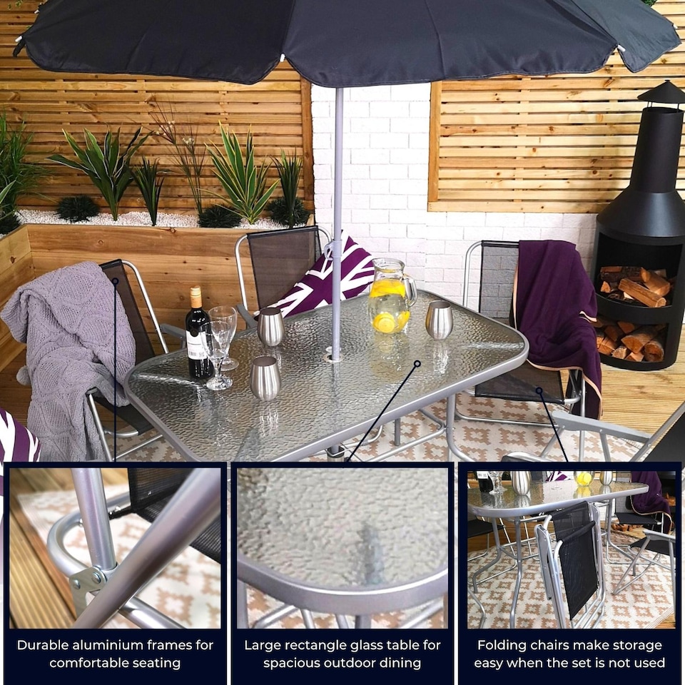 image 1 of 6 Person Garden Furniture Patio Set Table, 6 Chairs & Parasol