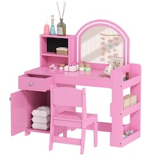AIYAPLAY Kids Vanity Table and Chair Set, Girls Dressing Table with 2-Colour LED Mirror, Stool, Cabinet, Drawer, Bookshelf and Shelves for Ages 3-8 Years | Pink