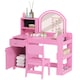 image 1 of AIYAPLAY Kids Vanity Table and Chair Set, Girls Dressing Table with 2-Colour LED Mirror, Stool, Cabinet, Drawer, Bookshelf and Shelves for Ages 3-8 Years | Pink