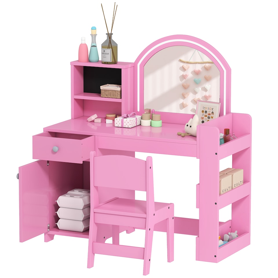 image 1 of AIYAPLAY Kids Vanity Table and Chair Set, Girls Dressing Table with 2-Colour LED Mirror, Stool, Cabinet, Drawer, Bookshelf and Shelves for Ages 3-8 Years | Pink