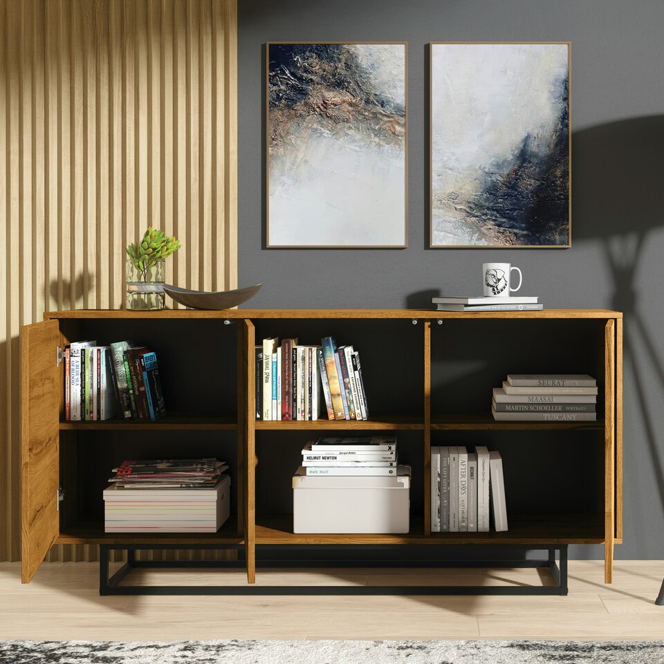 image 1 of Sideboard 160cm Oak Matt Body & Doors – 3 Door Cabinet with Black Metal Legs Bronze