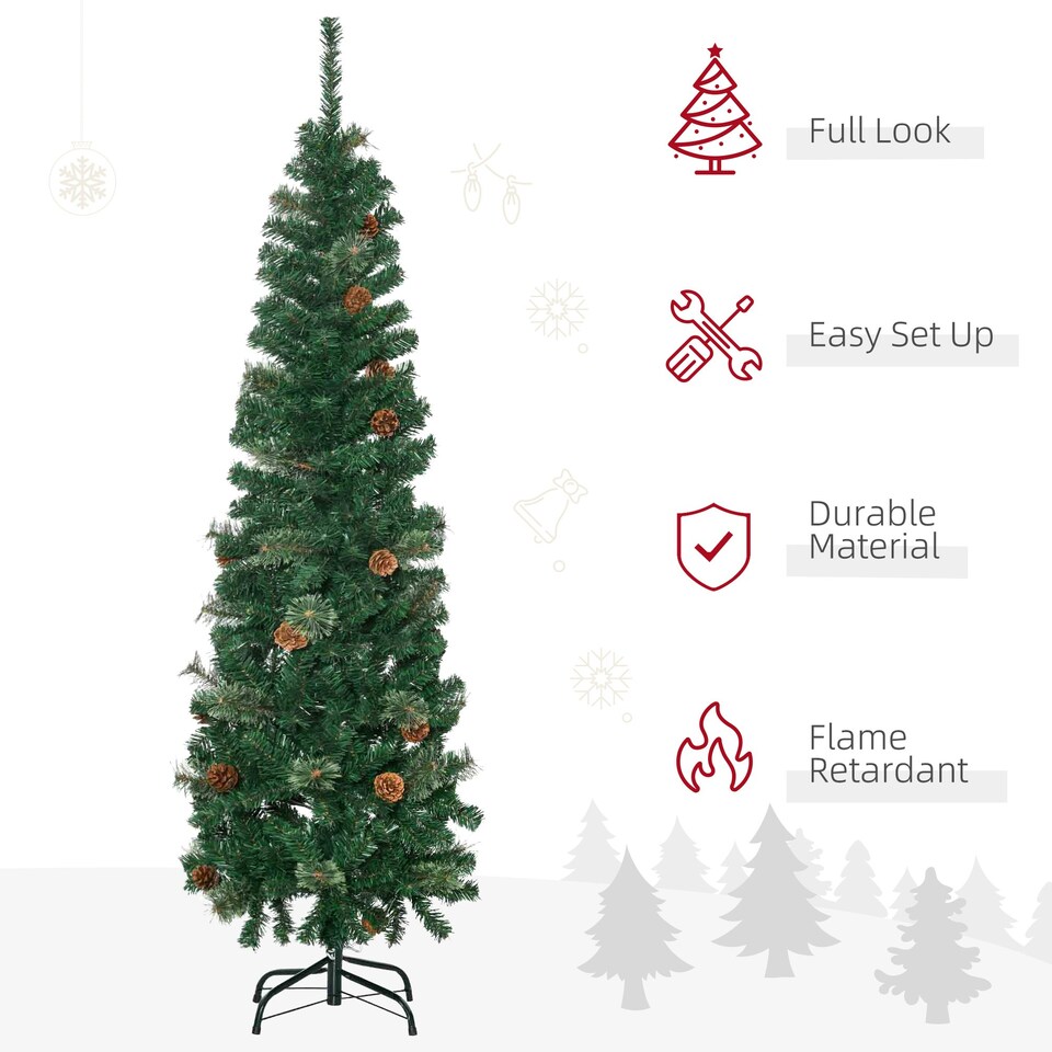 image 1 of HOMCOM 5.5FT Artificial Slim Christmas Tree Holiday Home Décor with Pine Cones