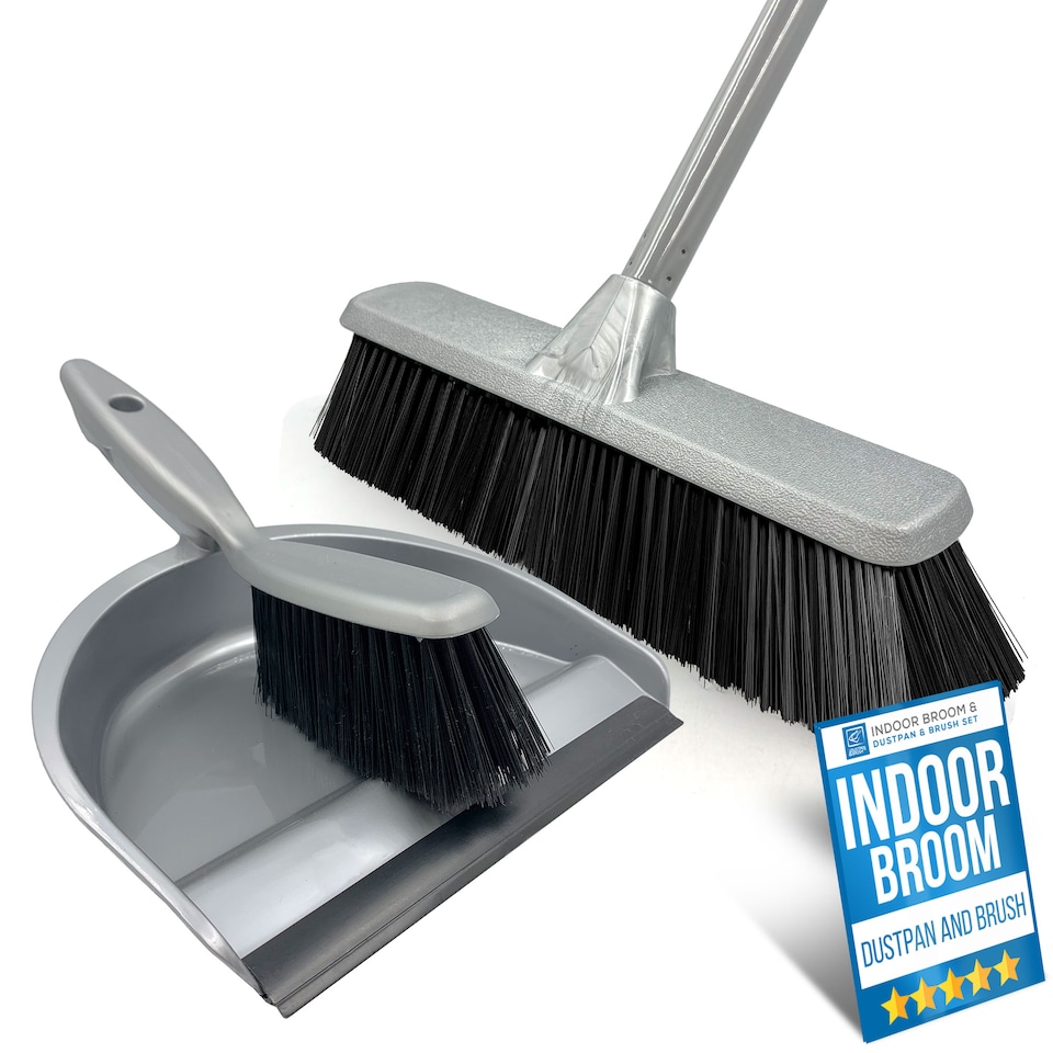 image 1 of Indoor Soft Sweeping Broom and Dustpan Set Long Handle Floor Brush for Wood and Tile