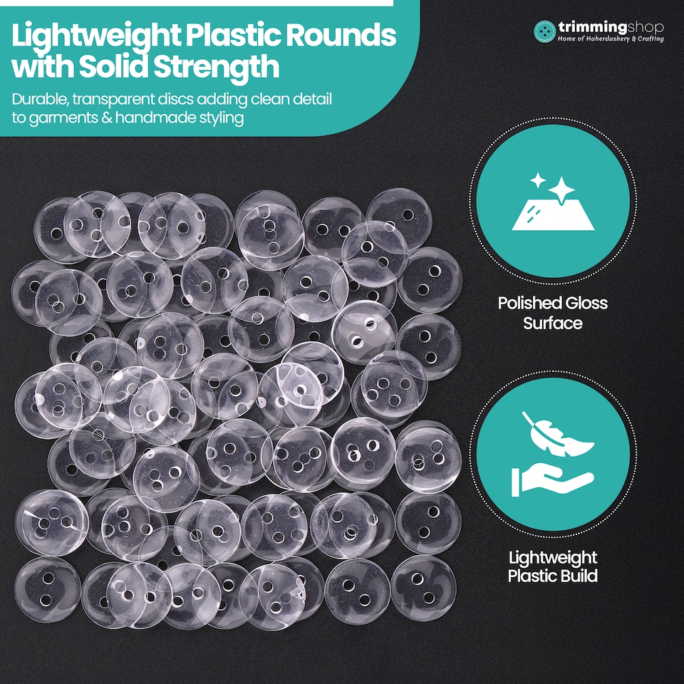 image 1 of 10mm Clear Round Plastic Buttons for DIY Projects, 2 Holes - 50pcs