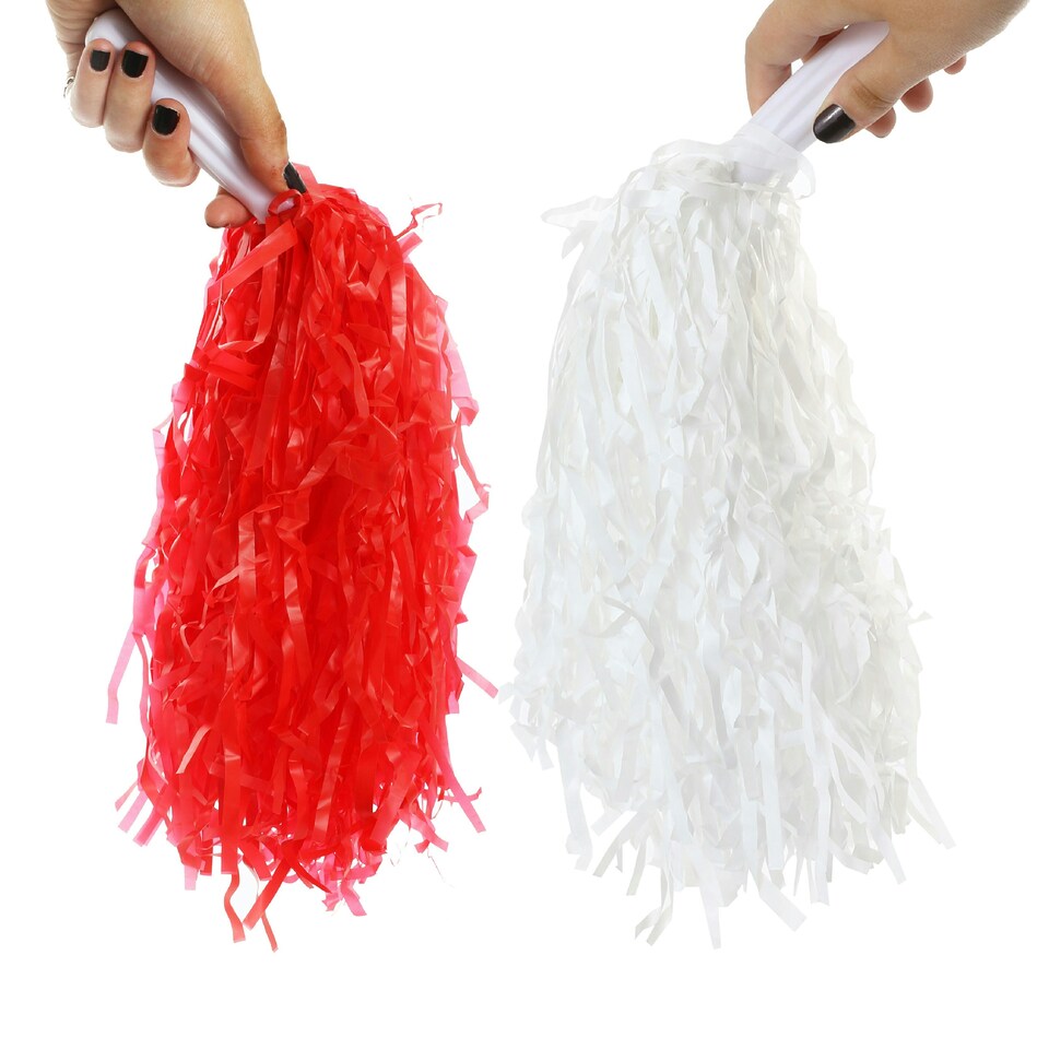 image 1 of White and Red Pom Poms – Pair with Handle Cheerleader Shakers 80g Fancy Dress N/A | One Size