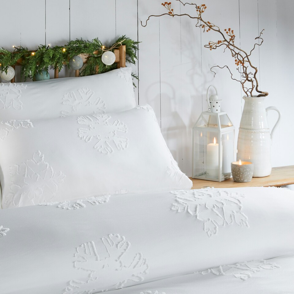image 1 of Duvet Day Snow Crystal Tufted Soft Touch Super King Duvet Set | White | Super King | 1