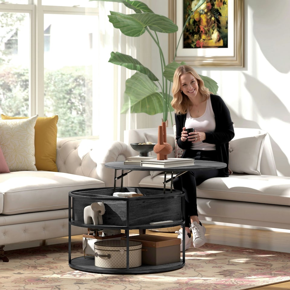 image 1 of HOMCOM Lift Top Coffee Table, Round Coffee Table with Hidden Storage, Grey Grey