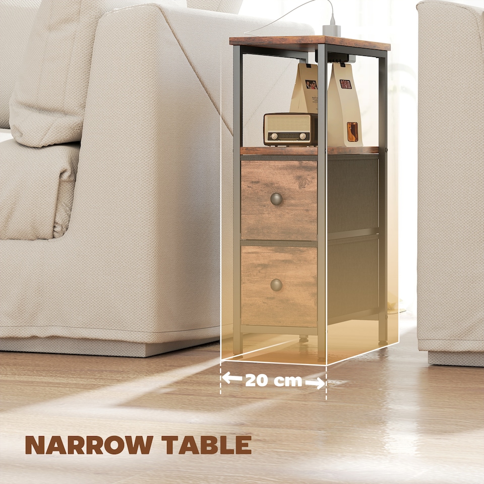 image 1 of HOMCOM Side Table, Narrow Bedside Table with Charging Station, 2 Drawers | Brown | Rustic Brown