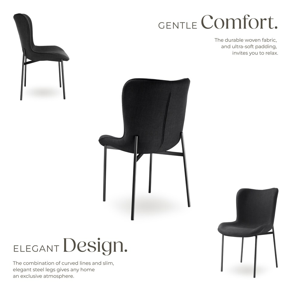 image 1 of Dining Chair Tessa - ergonomic high backrest, slim steel legs, soft fabric | Black | Woven fabric black/black | 1