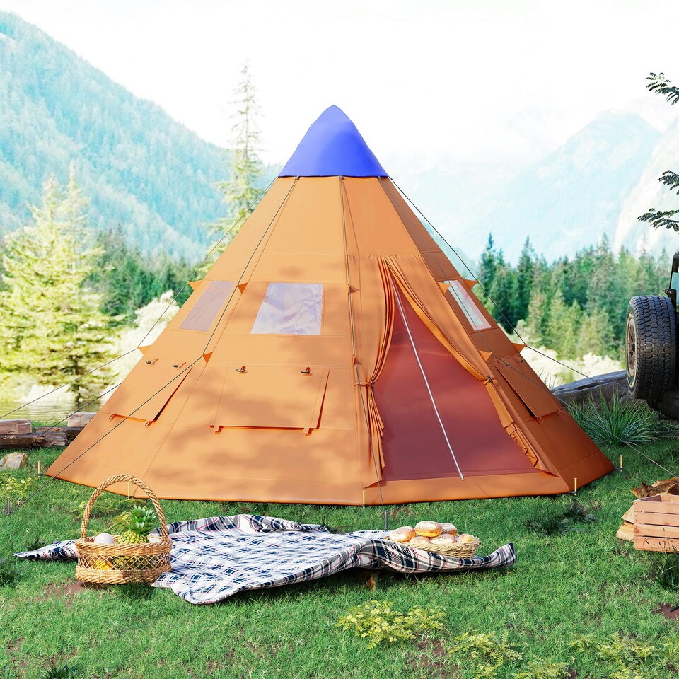 image 1 of Outsunny 6-7 Person Large Family Party Camping Tent W/ Carrying Bag Orange | Orange