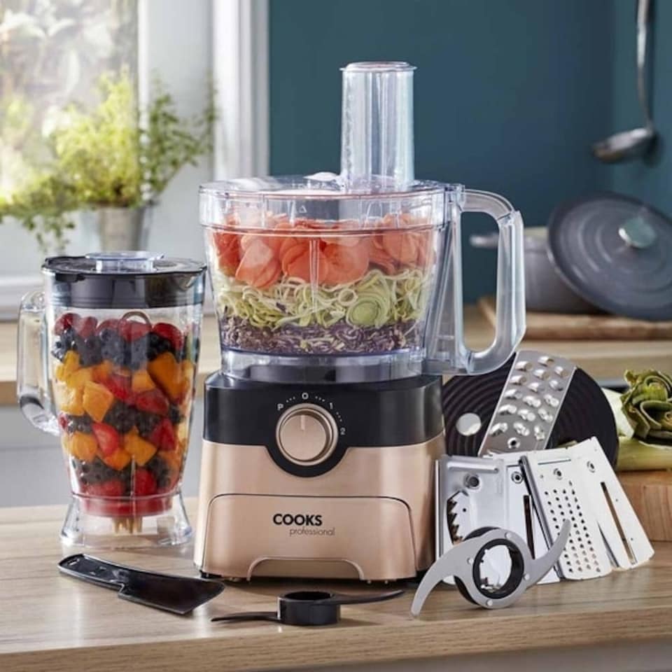 image 1 of Cooks Professional Food Processor | 1000W | 7 Different Blades | Mixing Bowl and Blending Jug | Black and Rose Gold