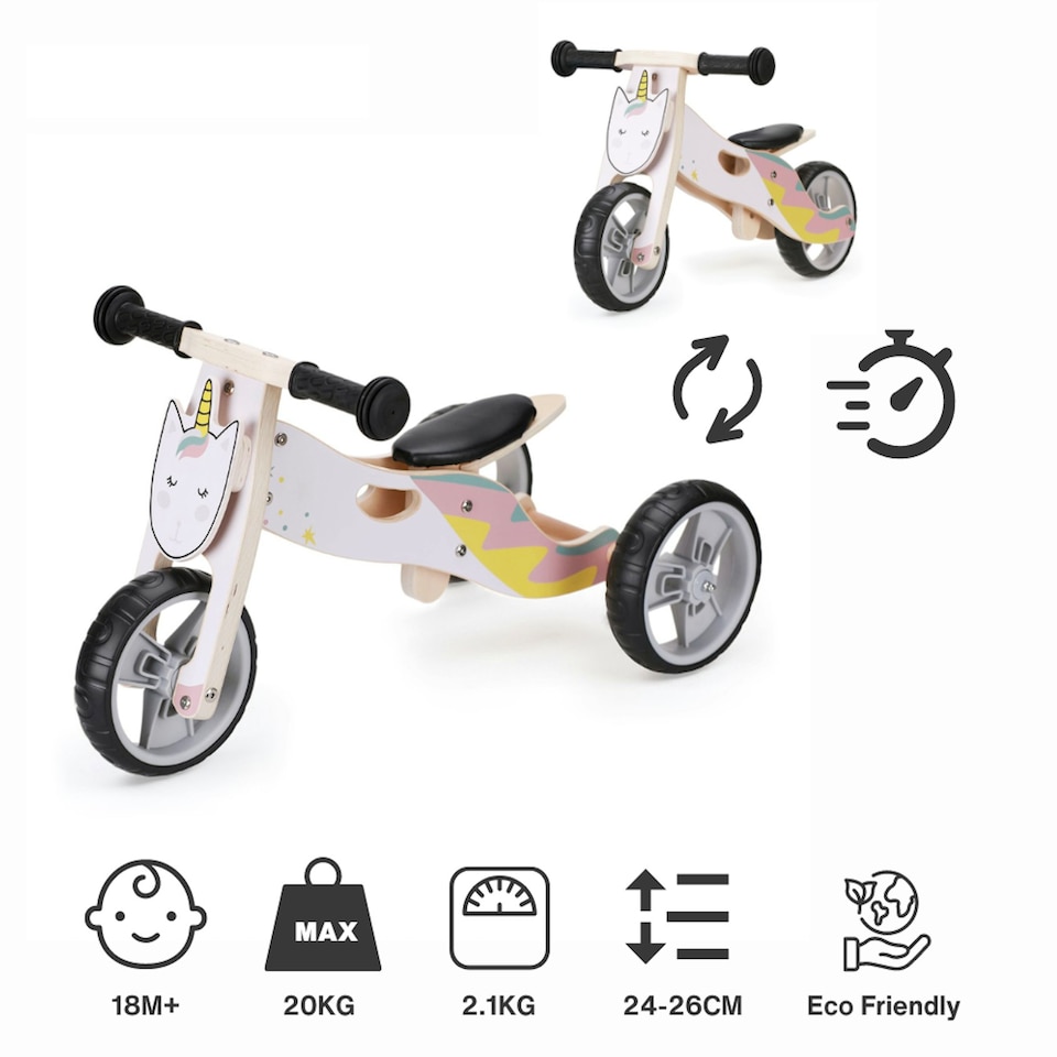 image 1 of Hooga 2-in-1 Balance Bike - Wooden Trike for Kids - Unicorn Pink