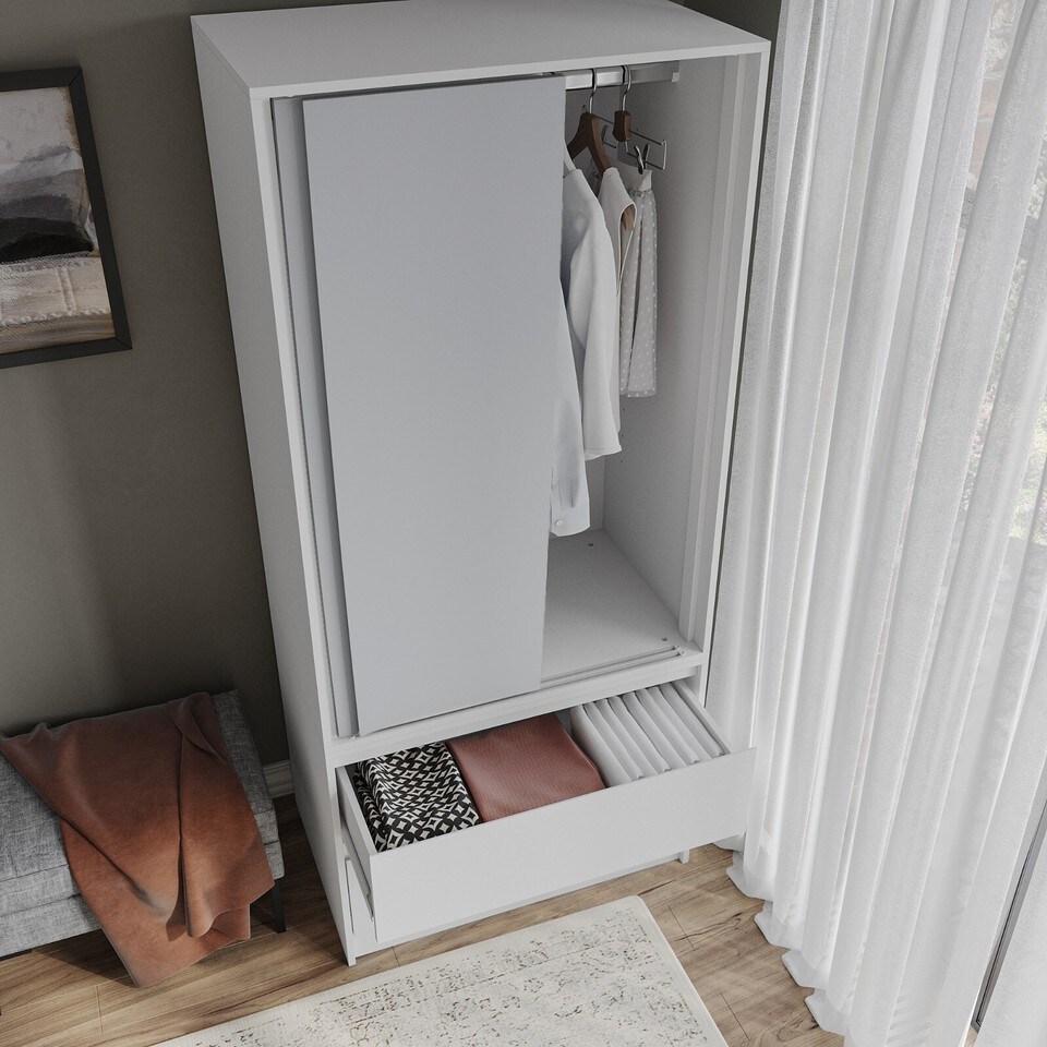 image 1 of URBNLIVING 2 Sliding Door Wardrobe With 2 Drawers And Hanging Rail | White | Grey Doors | 1