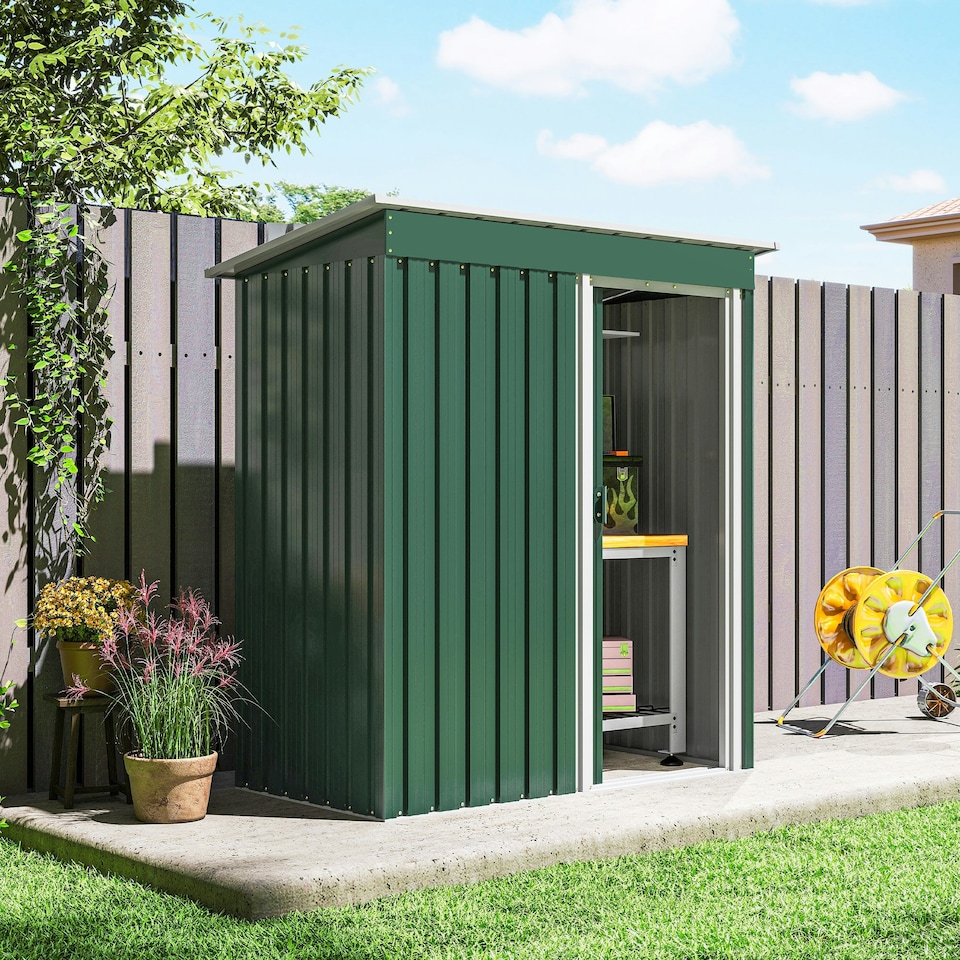 image 1 of Outsunny 5 x 3ft Garden Storage Shed Sliding Door Sloped Roof Tool, Green