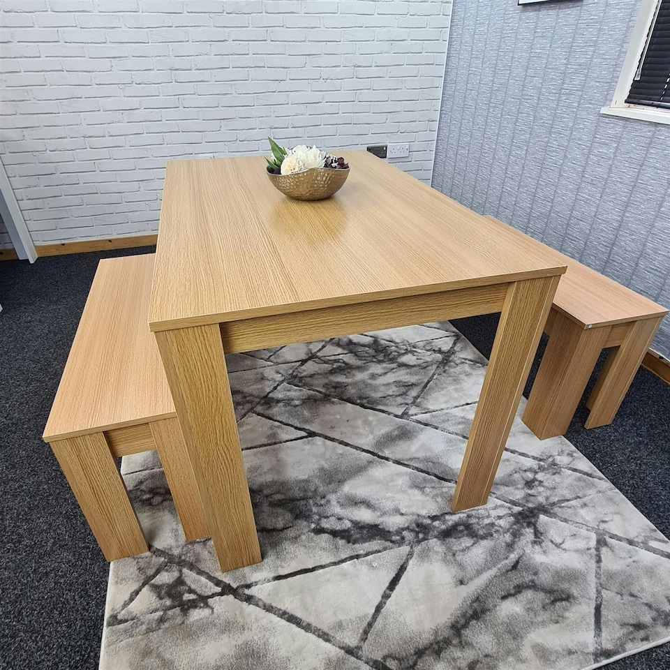 image 1 of Stone Grey Effect Wooden Dining Table with 2 Grey Wood Benches Dining Room Furniture Set | Grey | One Size