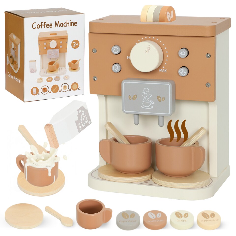 image 1 of AIYAPLAY Kids Wooden Coffee Machine Toy, Pretend Play Kitchen Accessories with Toy Food, Coffee Playset Pretend Role Play Toy Gift for Boys and Girls