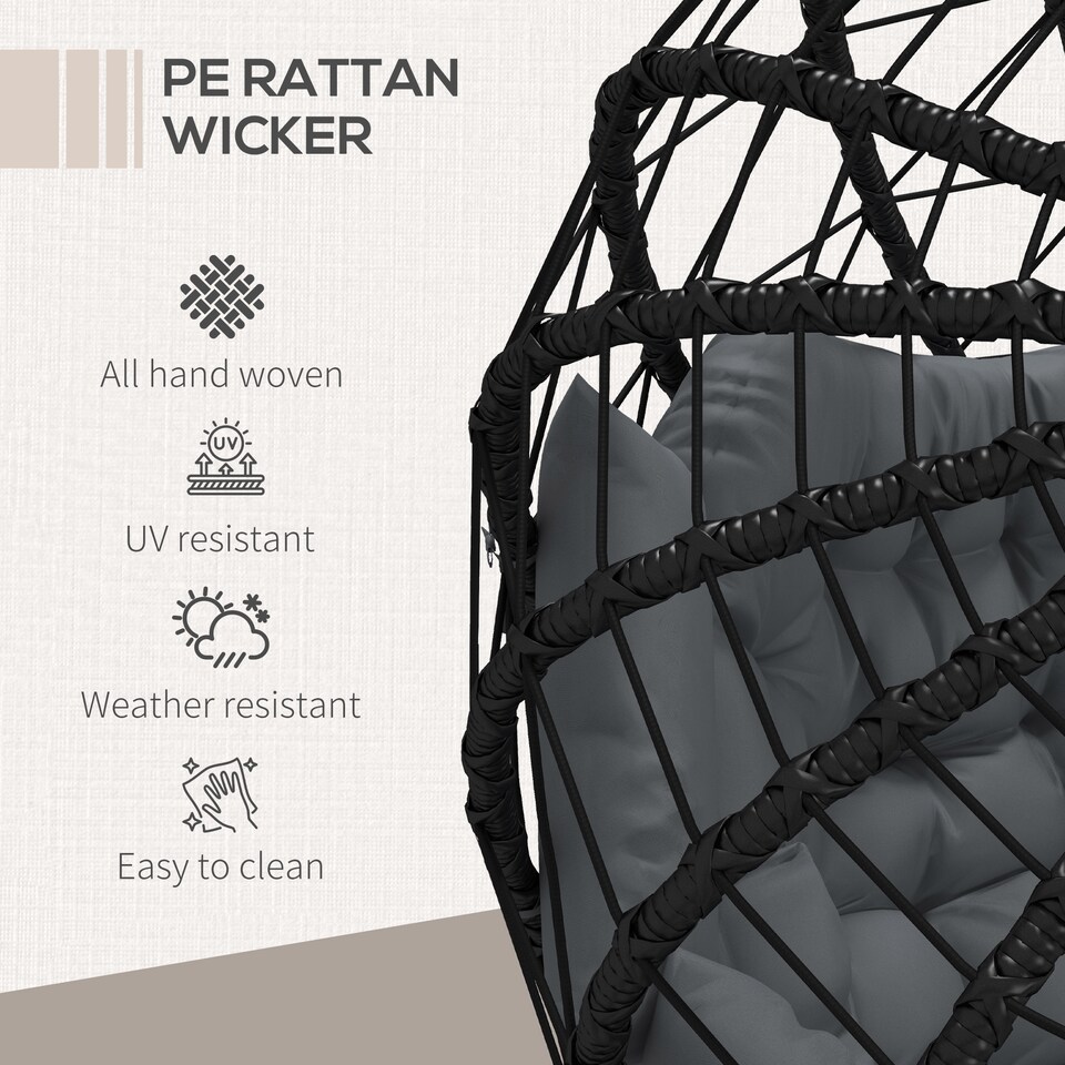 image 1 of Outsunny Outdoor PE Rattan 2 Seaters Swing Chair with Thick Padded Cushion, Patio Hanging Egg Chair with Metal Stand, Headrest, for Indoor and Outdoor, Black