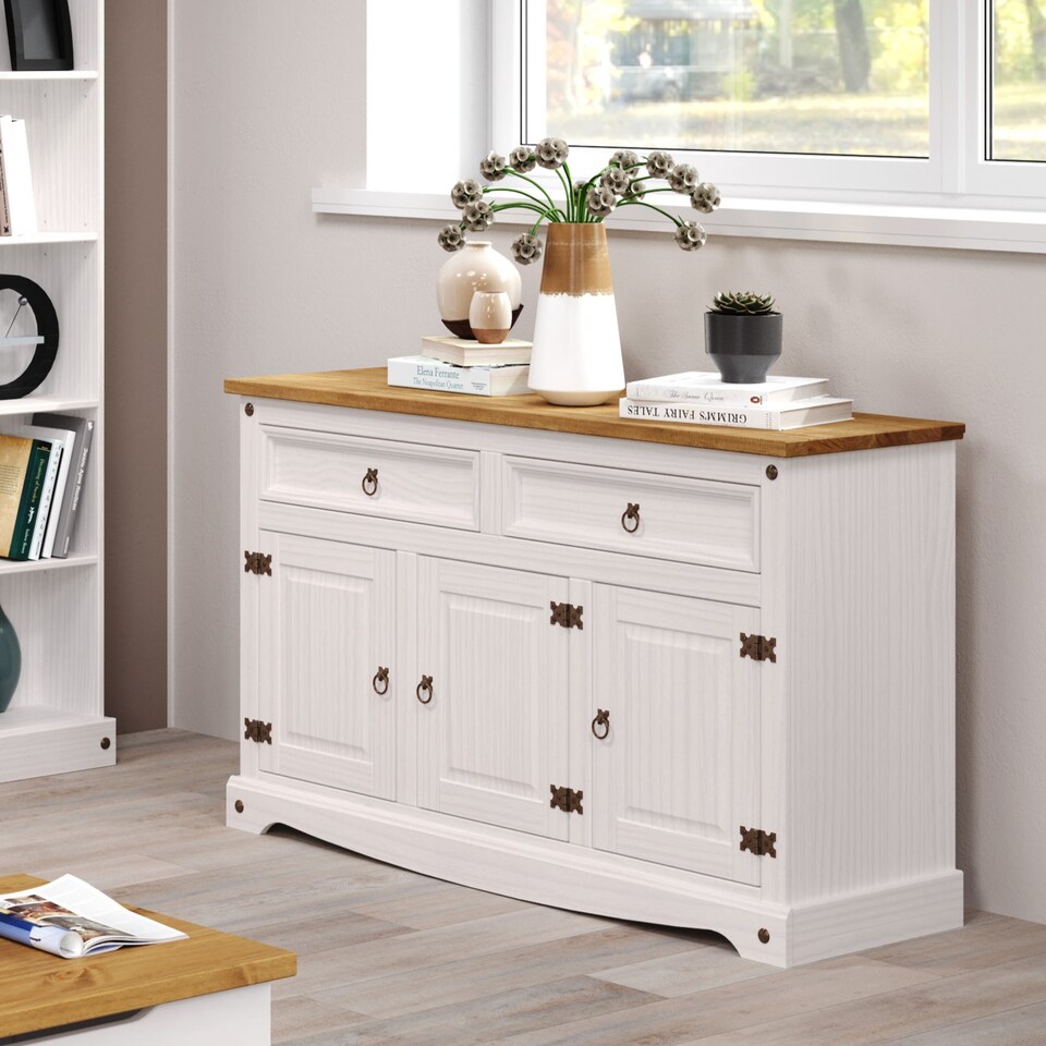 image 1 of Corona Premium Medium Sideboard - 2 Wide Drawers and 3 Doors with Adjustable Shelf in Antique, Grey or White Wax | White | White | One Size | 1