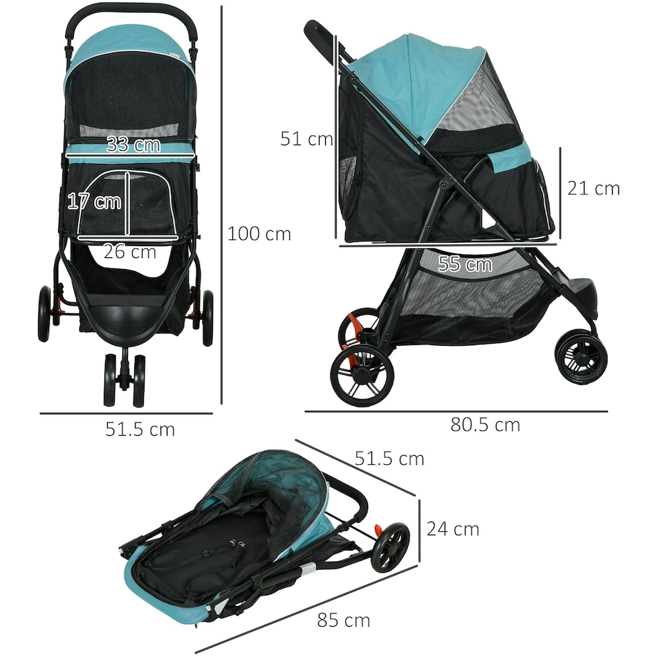 image 1 of PawHut Dog Stroller for XS Dogs, S Dogs, Cats with Rain Cover - Dark Green