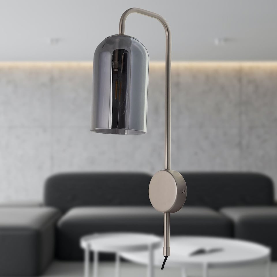 image 1 of Set of 2 Victoria - Satin Nickel Plug in Wall Lights with Glass Shades | Chrome | Grey | 2