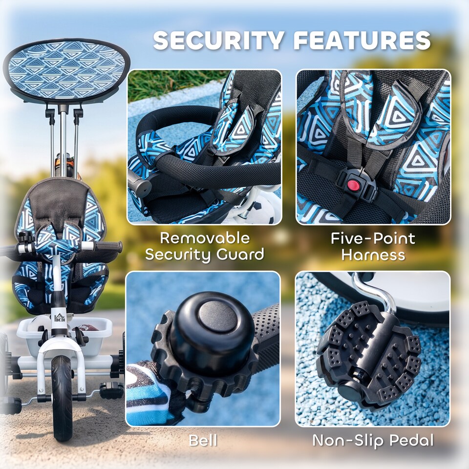 image 1 of HOMCOM 6 in 1 Kids Tricycle w/ Removable Handle for 1.5+ year, Blue