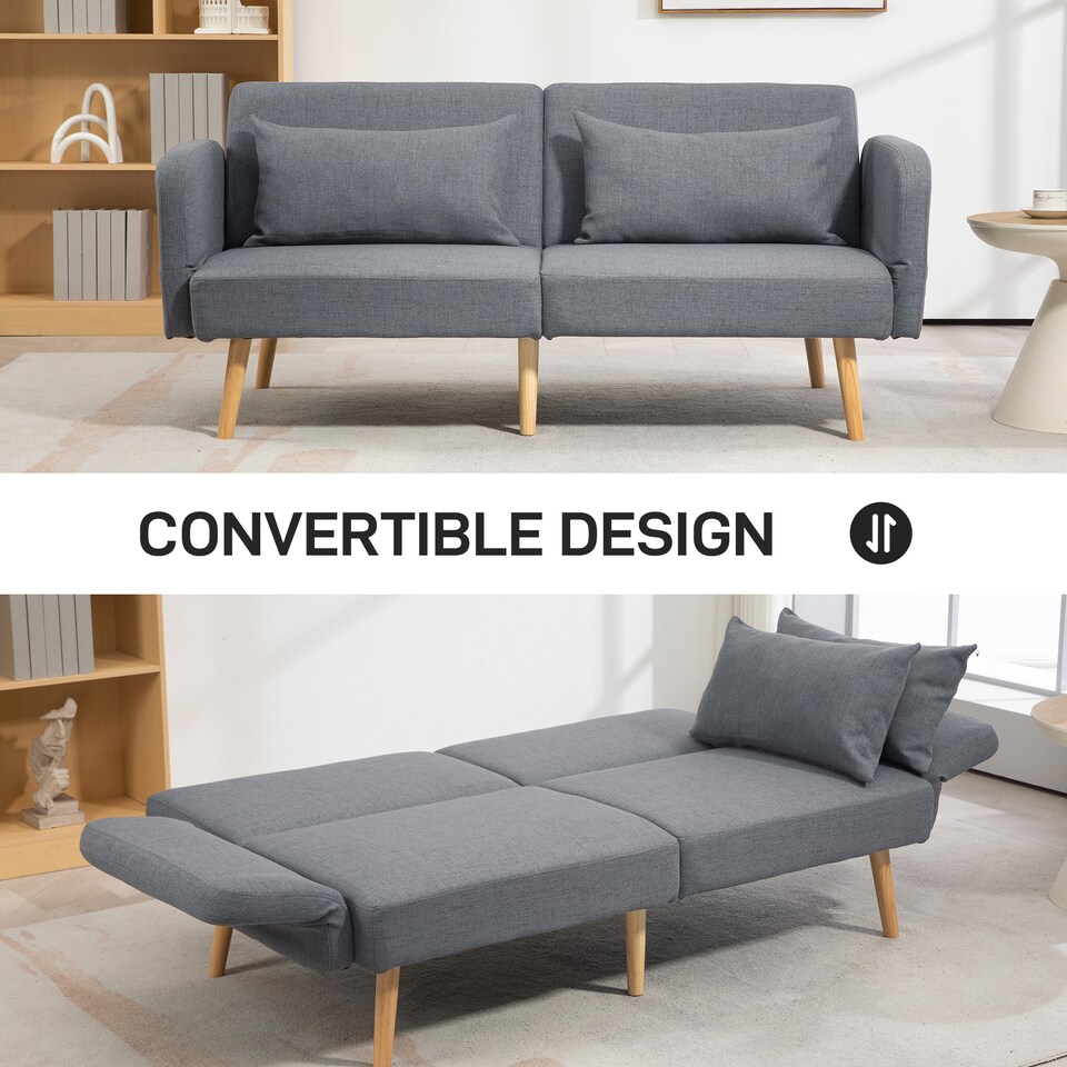 image 1 of HOMCOM Click Clack Sofa Bed, 3 Seater Sofa, Convertible Bed Settee, Modern Fabric Loveseat Sofa Couch with 2 Cushions for Living Room, Guest Room, Grey