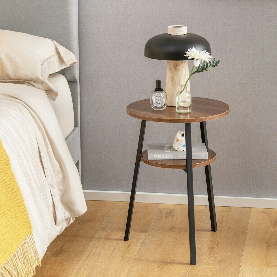 image 1 of COSTWAY Round Side Table Wooden 2-Tier Sofa End Table Brown