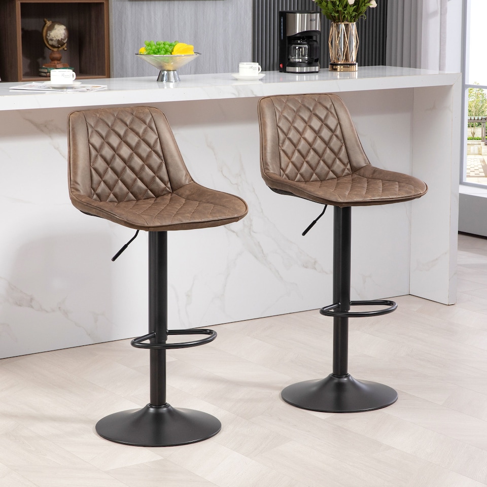 image 1 of HOMCOM Bar Stools Set of 2, Retro Adjustable Kitchen Stool, Swivel PU Leather Upholstered Bar Chairs with Back, Footrest and Steel Base, Brown